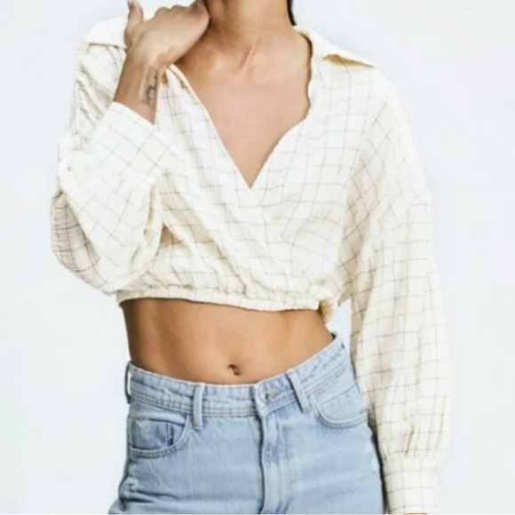 Zara Plaid Cropped Top cream and black size small - Picture 2 of 11
